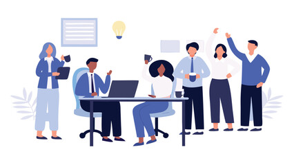 Group of diverse professionals collaborating in a modern office environment with a lightbulb icon