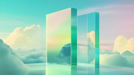 Ethereal Glass Panels Reflecting Clouds and Soft Pastel Colors