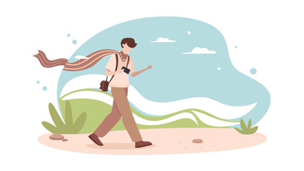 Illustration of a man walking with a scarf and camera in a nature scene with sky and hills