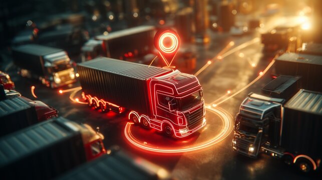 fleet of cargo trucks with gps tracking and red truck highlighted at sunset