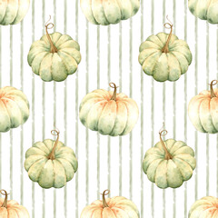 Watercolor fall pattern with pumpkins  and stripes . Hand drawn seamless pattern for Thanksgiving and Halloween.