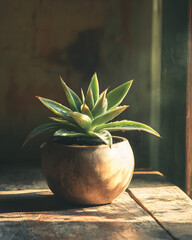 Green succulent on brown wood shows organic texture, soft shadows. Ideal for product display, nature themes, branding.