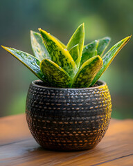 Green succulent glows in textural black pot with morning dew. Ideal for natural beauty products, plant care promotions, and elegant home design.