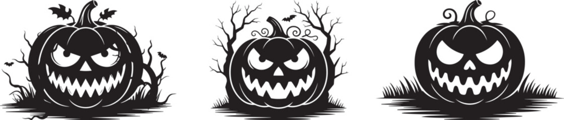 Collection of Evil Pumpkin Halloween Silhouette Set Creepy Jack O Lantern Faces Art
