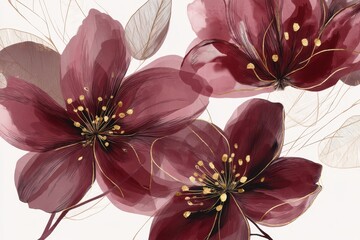 Elegant Burgundy Floral Design with Delicate Gold Accents on White Background