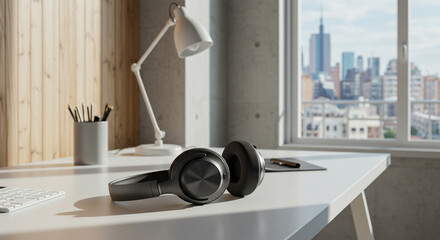 A modern workspace features a pair of headphones on a white desk, with a cityscape visible through a window, suggesting creativity.