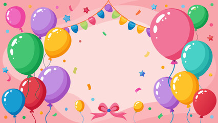 Vector art of a cheerful arrangement of balloons and confetti forms a decorative border, perfect for birthday, party, and celebration invitations and announcements