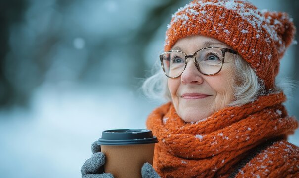 Close-up of a senior female drinking coffee on a winter hike outside in the snowy mountains, symbolizing serenity and warmth amidst a winter landscape, Generative AI