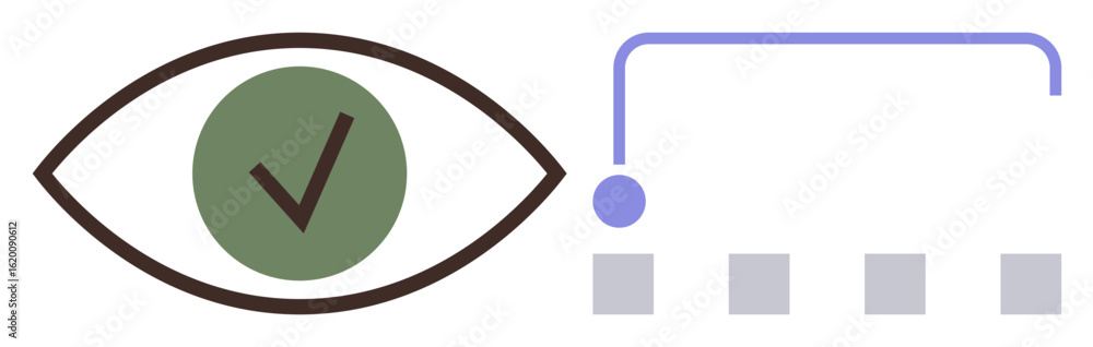 Poster eye with green checkmark symbolizes observation, verification, or approval next to a flowchart depic