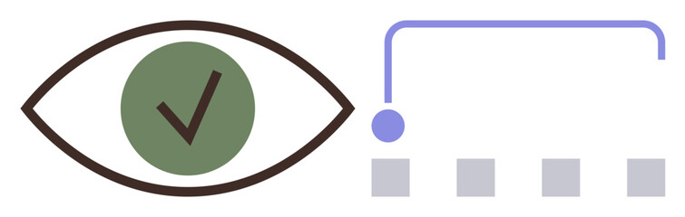 Eye with green checkmark symbolizes observation, verification, or approval next to a flowchart depicting process steps. Ideal for quality control, workflow, validation, monitoring, system design