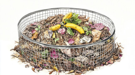 illustration a large circular container made of chicken wire and inside is a pile of compost. isolated on white background.