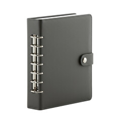 A sleek, modern dark grey hardcover planner with silver metallic ring binder, matte texture, pristine on transparent background, studio photo. Concept for commercial product advertising