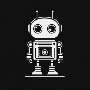 White robot against black background.