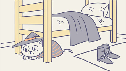 A cute cartoon cat dressed as a witch peeks out from under a bunk bed next to a pair of boots ready for halloween fun