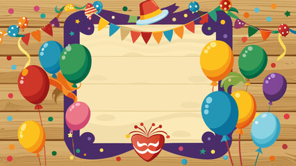 Obraz premium Vector art of vibrant celebration with numerous colorful balloons, festive bunting, confetti, and a sombrero on a wooden background, perfect for party invitations