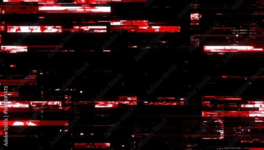 Poster abstract digital glitch art with horizontal red and black bands creating a visual disruption effect 