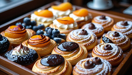 Tray of Assorted Sweet Pastries with Fruit and Toppings