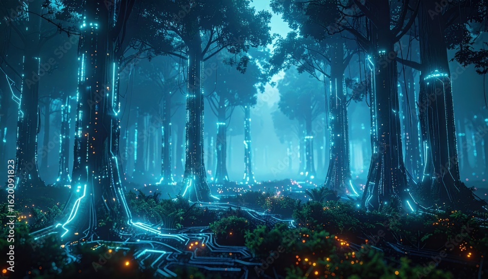 Poster ancient trees in a dark forest illuminated by glowing neon blue circuit lines and light particles na