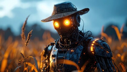 Fototapeta premium A robotic scarecrow with glowing eyes stands in a field of dry grass at dusk cyborg android futuristic