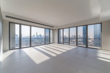 Obraz premium Modern apartment interior with city skyline view