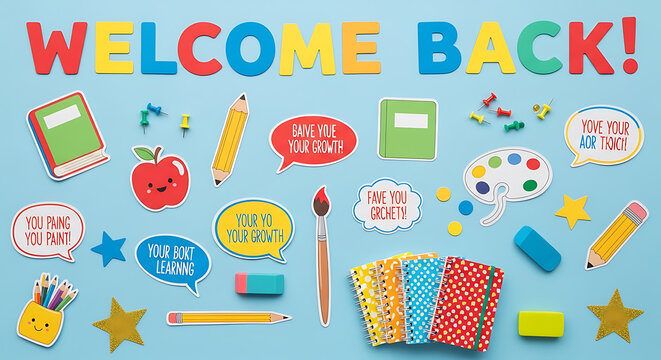 Welcome back message with school supplies on a blue background for educational purposes back to school ai generated