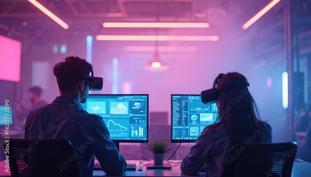 Poster team collaborates using augmented reality tools for project management. two people wear vr headsets,