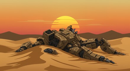 Vector illustration of a destroyed combat robot lying half-buried in sand, with broken armor and desert sunset in background.