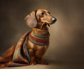 Studio portrait of a dachshund dog draped in an ornate, colorful scarf. The background is warm and softly. Fine art style