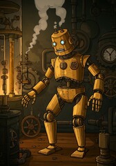 Steampunk vector of a broken brass robot leaking steam in a Victorian-style mechanical lab with gears and pipes.