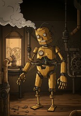 Steampunk vector of a broken brass robot leaking steam in a Victorian-style mechanical lab with gears and pipes.