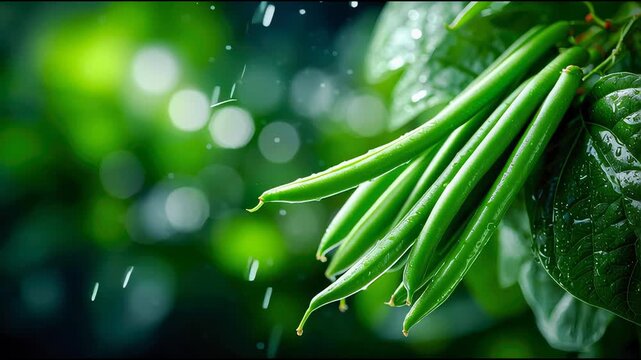 Cluster of fresh green beans on the vine with dewdrops, set against a lush green natural background