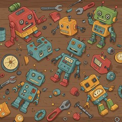 Cartoon vector of colorful broken toy robots scattered on a workshop table, with tools and spare parts around.