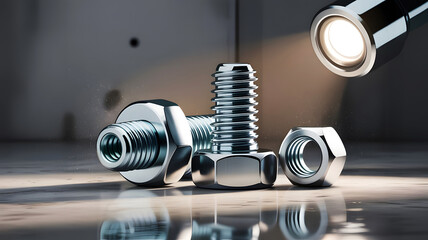 Title: Group of nuts and bolts under a spotlight, symbolizing industrial strength, precision engineering, and the foundation of building.