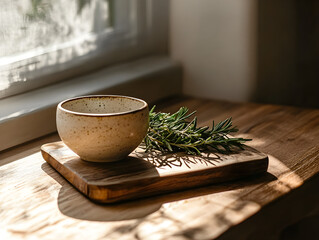 Beige speckled bowl, rosemary, on wood. Warm sunlight creates natural, textured backdrop. Great for product photography, food blogging, wellness themes.