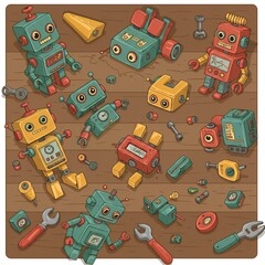Cartoon vector of colorful broken toy robots scattered on a workshop table, with tools and spare parts around.