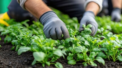 Close-up of hands in gloves tending young plants