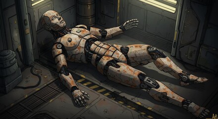 Vector illustration of a broken humanoid robot with rusted panels and exposed wires, lying abandoned in a futuristic factory under dramatic lighting.