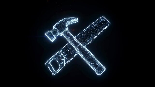Blue glowing hammer and hand saw hologram on dark background. Digital tools, technology, and engineering for construction.