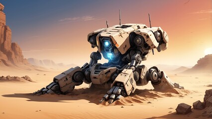 Vector illustration of a destroyed combat robot lying half-buried in sand, with broken armor and desert sunset in background.