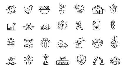  Agriculture icon set illustration. Farm life cultivation symbols depict agriculture farming. Agriculture business organic food landscaping gardening. Simple outline light background 