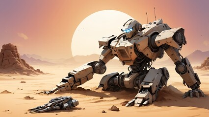 Vector illustration of a destroyed combat robot lying half-buried in sand, with broken armor and desert sunset in background.