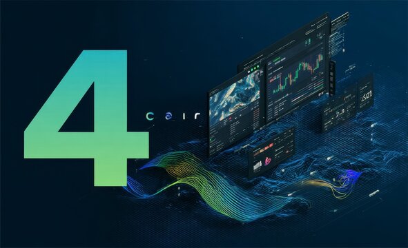 Abstract digital graphic of financial data overlaid on water-like surface with the number 4 and the word "coin