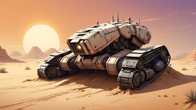 Vector illustration of a destroyed combat robot lying half-buried in sand, with broken armor and desert sunset in background.
