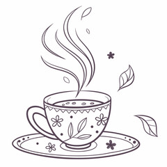 Whimsical hand drawn cup of steaming coffee with floral accents