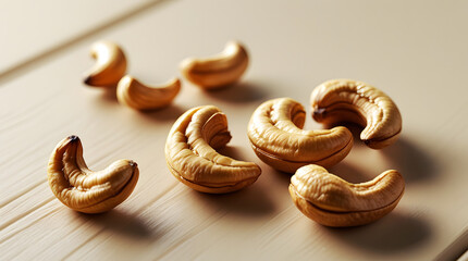 Close-up of Raw Cashew Nuts on Wooden Surface – High-Resolution Natural Food Texture, Healthy Snack Concept, Organic Vegan Protein Ingredient, Minimalist Natural Background