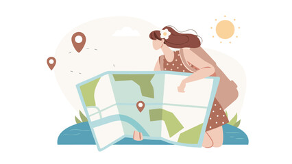 Woman with flower in hair looking at map with location pins on a sunny day near water and grass