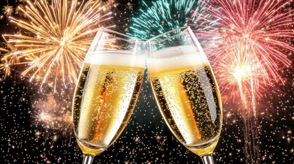 Cheers to the Celebration: Sparkling champagne glasses clink together against a backdrop of vibrant fireworks, symbolizing joy and festivity. 