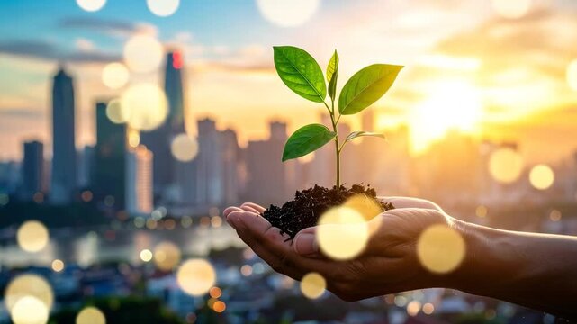 Hand holding a small sapling in soil, city skyline in the background at sunrise