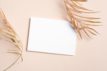Blank white invitation or greeting card mockup surrounded by dried palm leaves on a soft pastel background, creating a serene and minimalistic atmosphere ideal for design