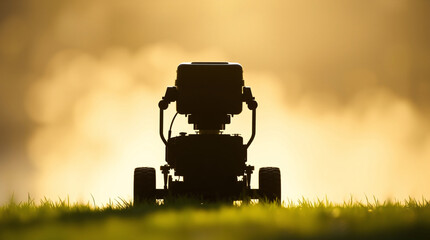 A robot with a camera on a tripod in a serene night setting on the grass.